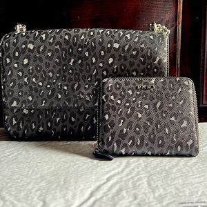 DKNY BLUE GREY LEOPARD PRINT CROSSBODY AND WALLET